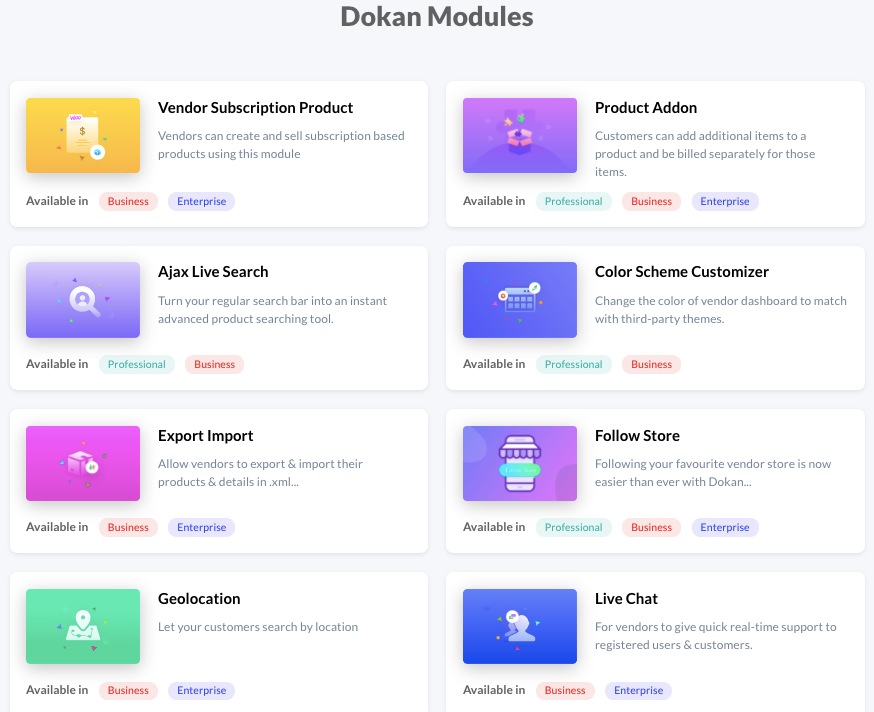 Principales fonctionnalités et modules de Dokan Principales fonctionnalités de Dokan