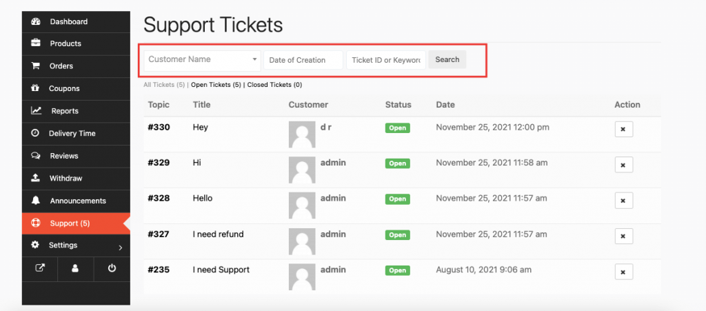 filtraggio dei ticket di supporto Dokan 3.4.2