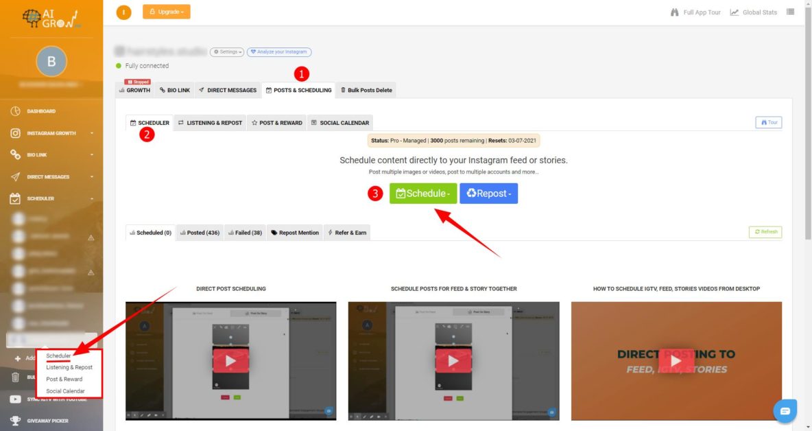 Utilisez le planificateur de publication d'AiGrow pour rester cohérent avec les dates de publication dans votre calendrier de contenu pour Instagram.