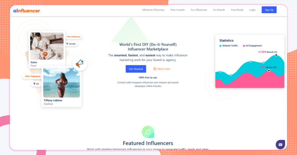 Uma captura de tela da página inicial do Ainfluencer.com