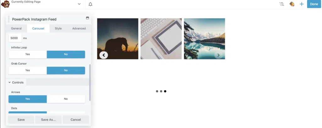 Paramètres du carrousel de flux Instagram dans PowerPack Addons