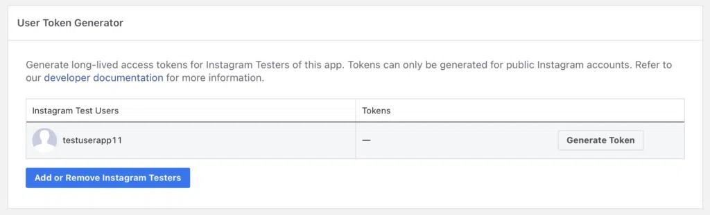 Générer un jeton pour les utilisateurs de test Instagram