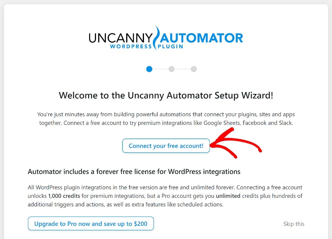 Botão para acionar o assistente de configuração do Uncanny Automator