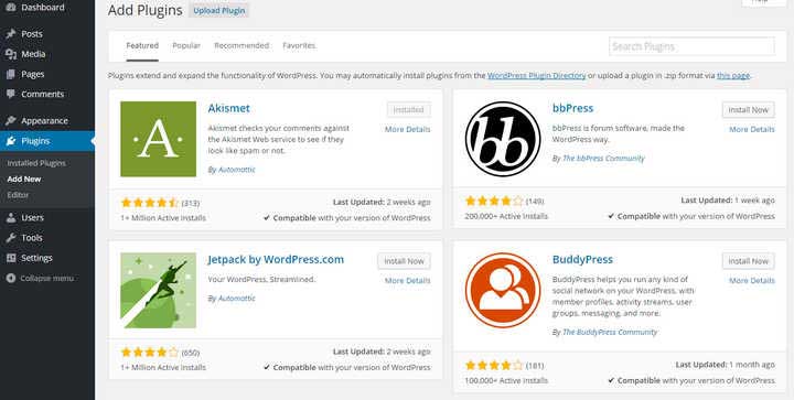 zrzut ekranu pulpitu nawigacyjnego wtyczek wordpress — najlepsze wtyczki WordPress dla blogów