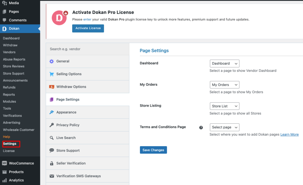 Personalizza le impostazioni di base di Dokan