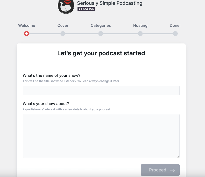 ภาพหน้าจอในการกำหนดค่าวิซาร์ดการตั้งค่าของปลั๊กอิน Seriously Simple Podcast