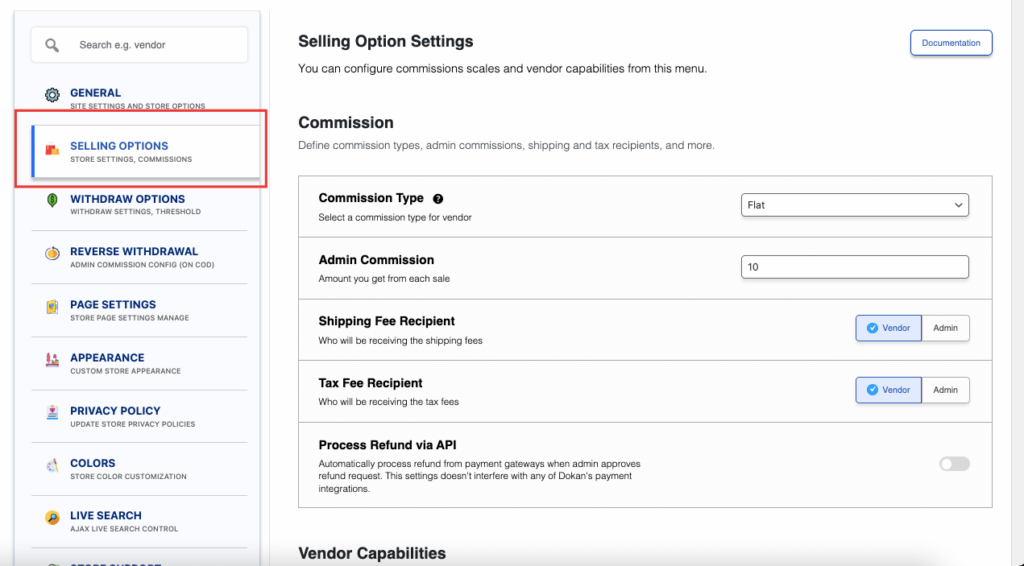 dokan 設定販売オプションのスクリーンショット_WordPress でダッシュボード メニューを非表示にする方法