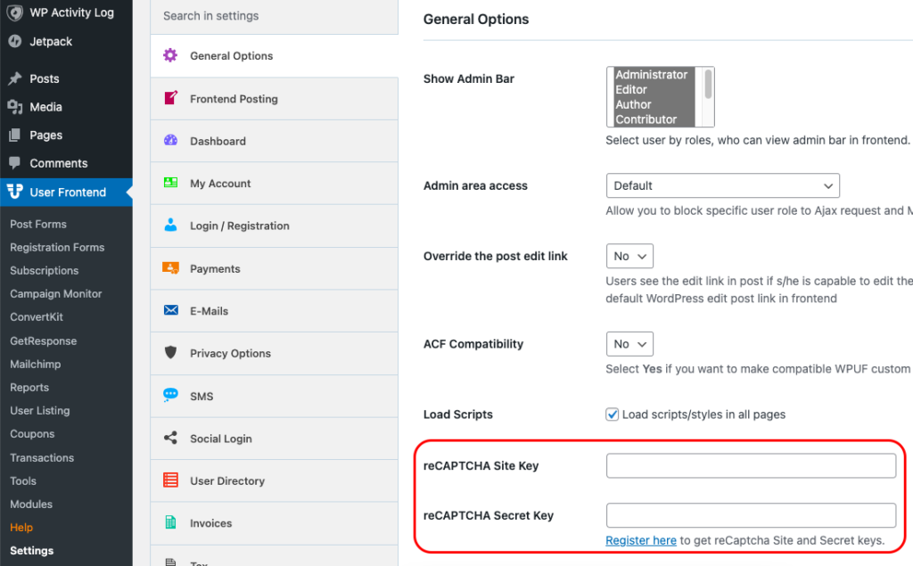 ฟิลด์ reCAPTCHA Site Key และ Secret Key ในการตั้งค่า WP User Frontend