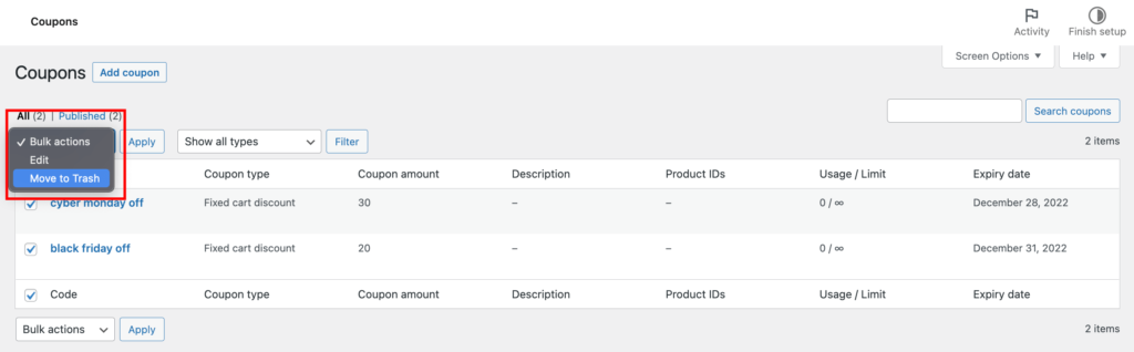 Ini adalah tangkapan layar untuk Menghapus Kupon dari WooCommerce