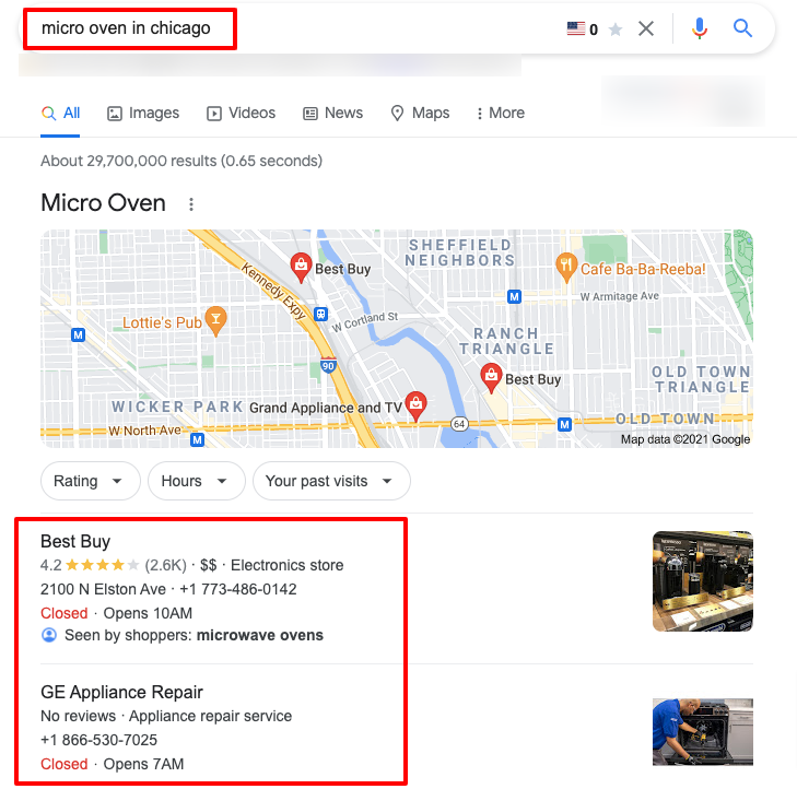 ภาพนี้แสดงหน้าผลลัพธ์ของ Google ของการค้นหา "เตาอบขนาดเล็กในชิคาโก"