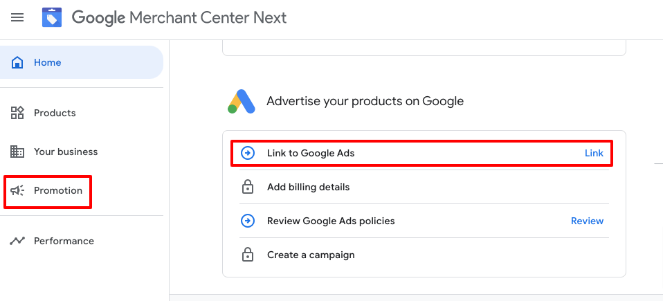 É uma imagem que mostra como vincular sua conta de anúncios do Google à sua conta do Google Merchant Center
