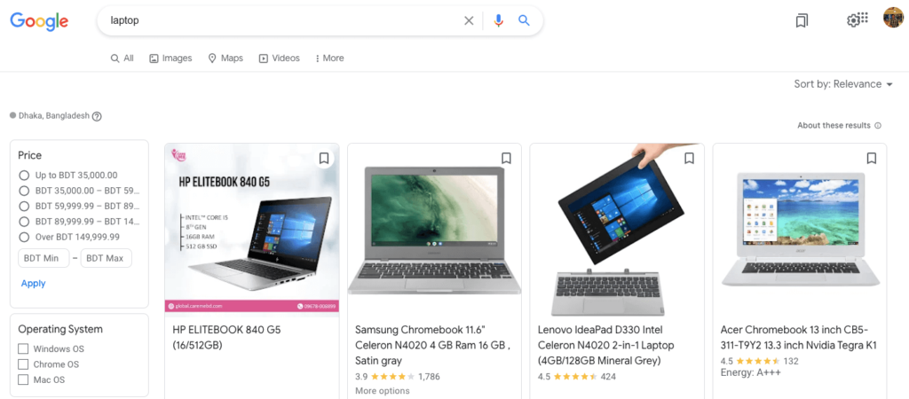 Esta imagem mostra 4 laptops inscritos no Google Shopping