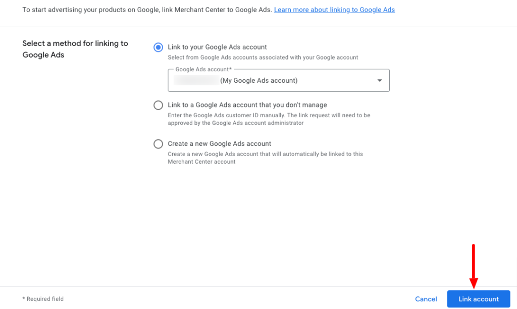 Esta imagem mostra as opções onde o número da conta do Google Ads deve ser inserido.