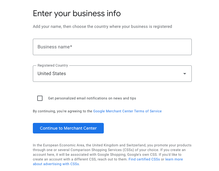 Esta imagem mostra o formulário de inscrição para a conta do Google Merchant Center
