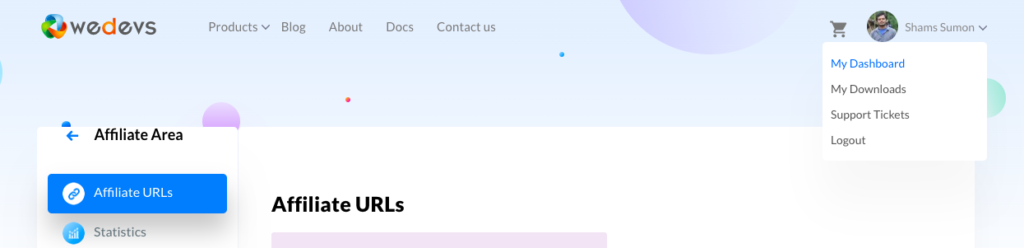 이 이미지는 weDevs 웹사이트의 제휴 영역을 보여줍니다.