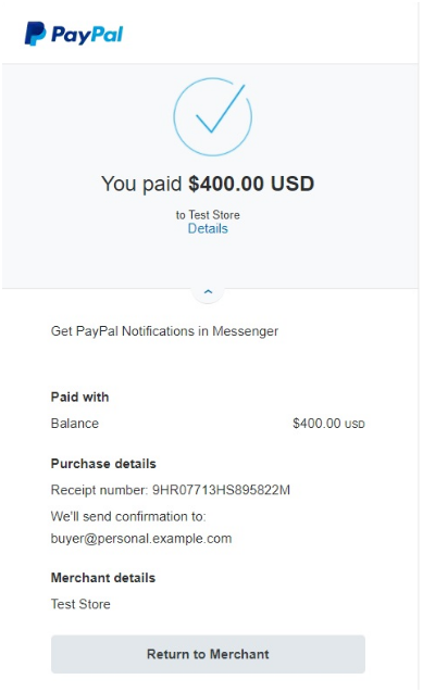 Messaggio di successo PayPal