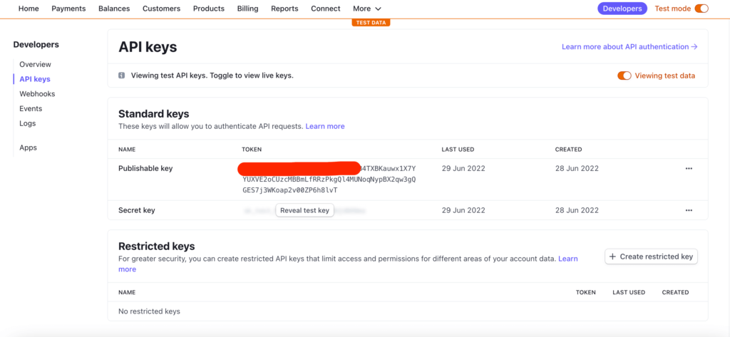 Trova la chiave API di Stripe nella dashboard di Stripe