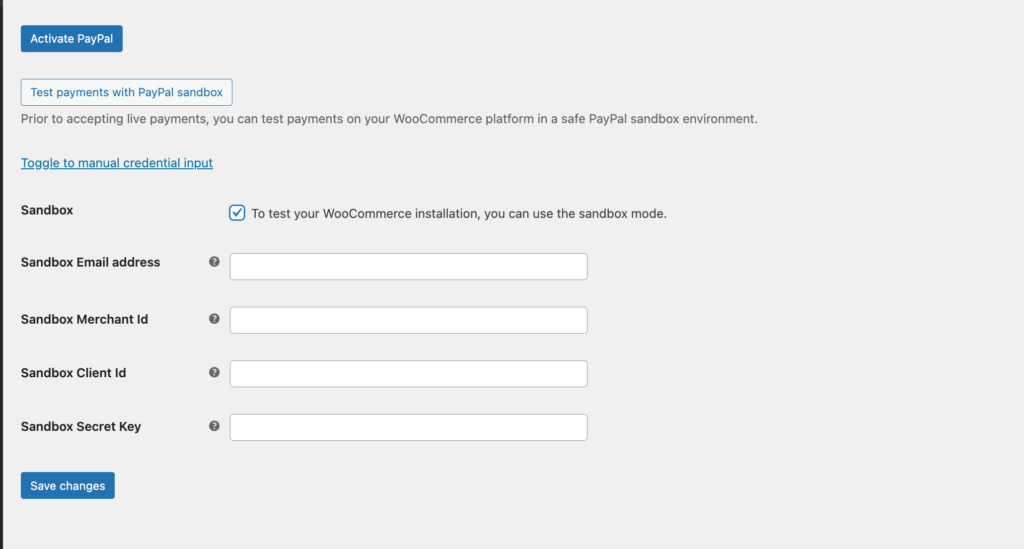 Sistema sandbox PayPal nel backend di WooCommerce