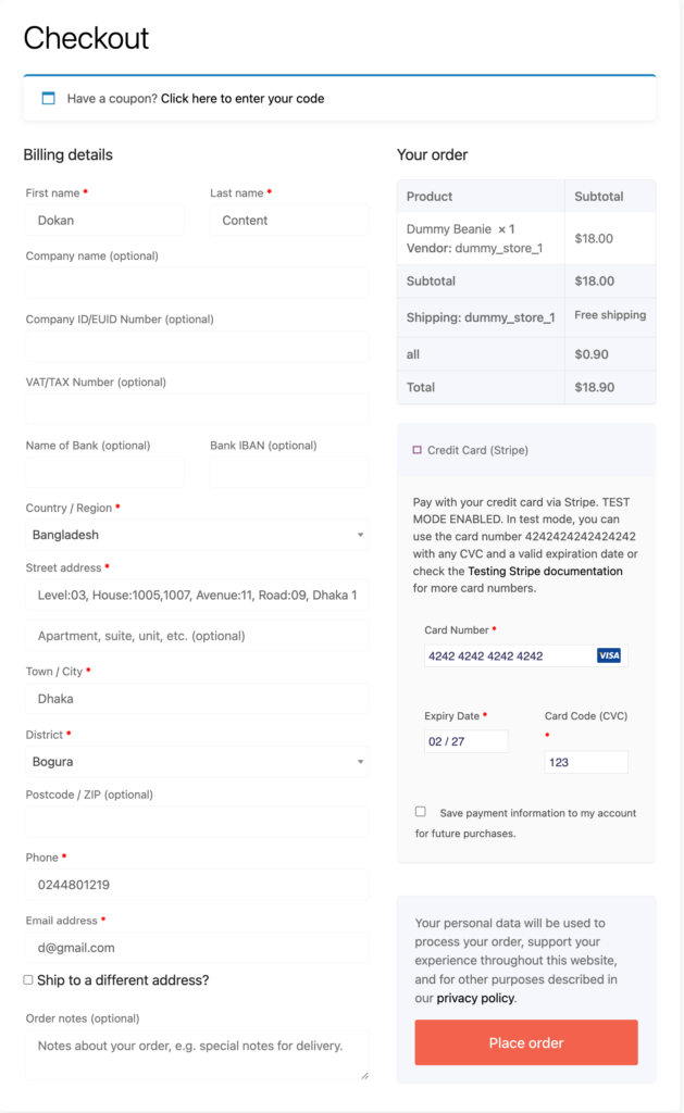 Checkout per l'opzione di pagamento Stripe