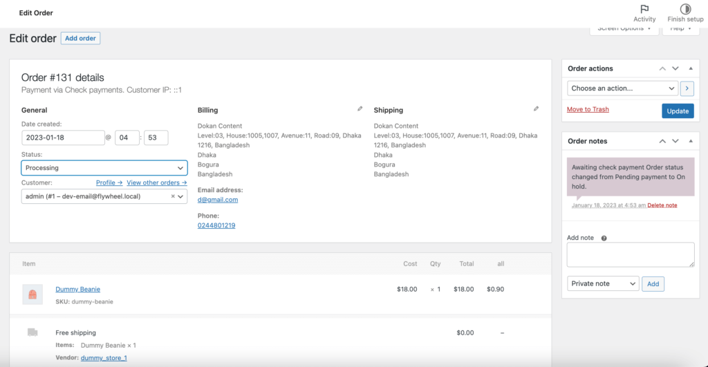 Pagina dell'ordine di back-end per i pagamenti tramite assegno