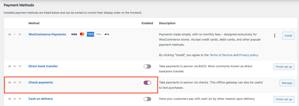 Abilita i pagamenti tramite assegno per testare il processo di checkout di WooCommerce