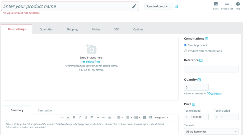 لقطة شاشة لإضافة منتج جديد إلى PrestaShop
