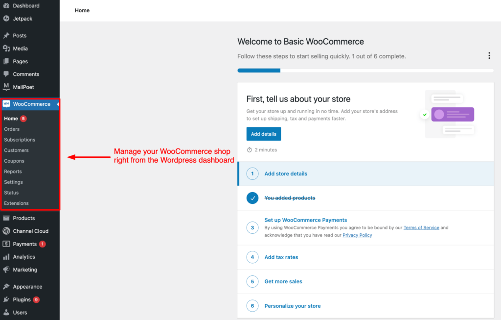 إدارة متجر WooCommerce على لوحة معلومات WordPress