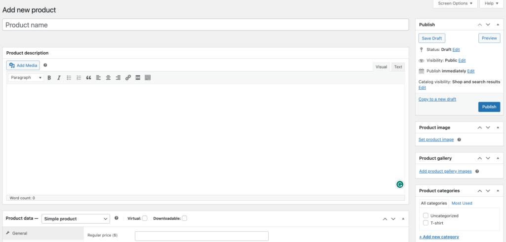 لقطة شاشة لإضافة منتج جديد إلى متجر WooCommerce الخاص بك