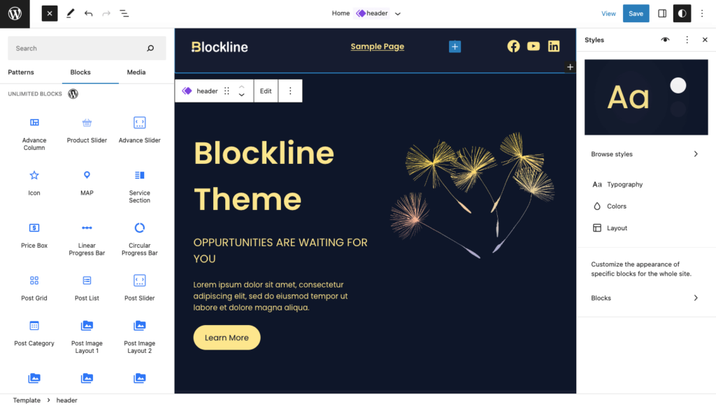 วิธีตั้งค่าเว็บไซต์โดยใช้ WordPress Block Editor 2023 8 blockline unlimited blocks 832