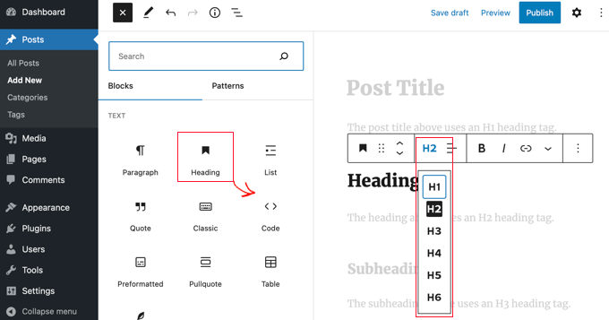 Puede agregar fácilmente etiquetas de encabezado sin código usando el editor de bloques de WordPress You Can Easily Add Heading Tags Without Code Using the WordPress Block Editor