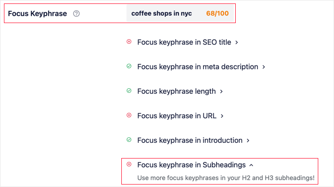 AIOSEO recomendará cuándo debe usar la frase clave de enfoque en más subtítulos AIOSEO Will Recommend When You Should Use the Focus Keyphrase in More Subheadings