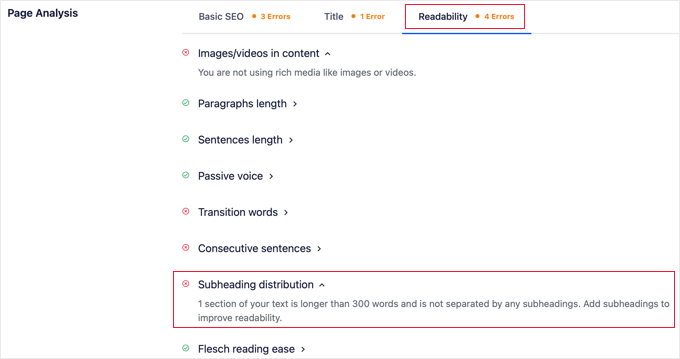 Lista de acciones de AIOSEO para mejorar la legibilidad AIOSEO's Action List for Improving Readability
