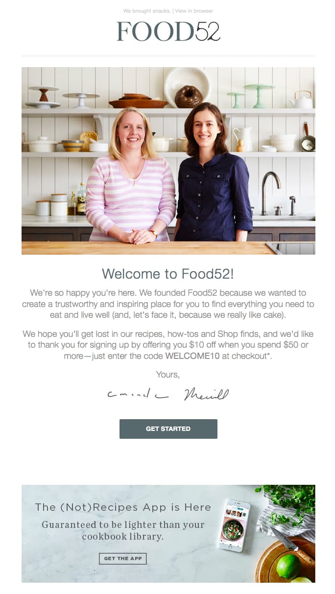 ยินดีต้อนรับอีเมล์ SeedProd Food 52 welcome message email example