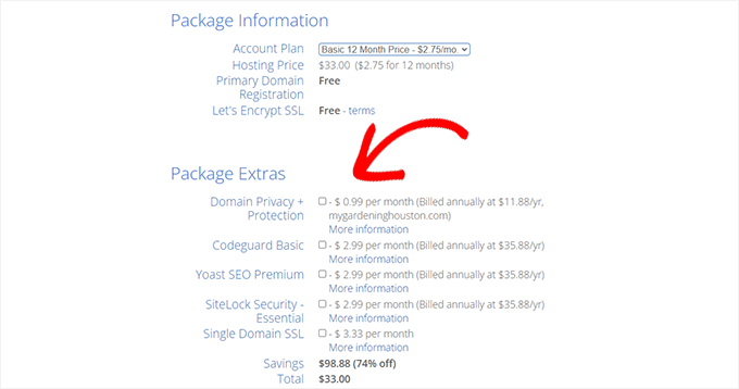 odznacz dodatki do pakietu uncheck package extras