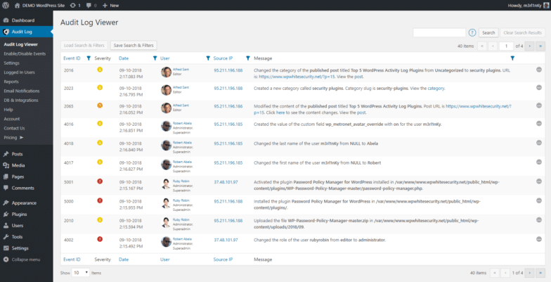 WordPress アクティビティ ログのスクリーンショット