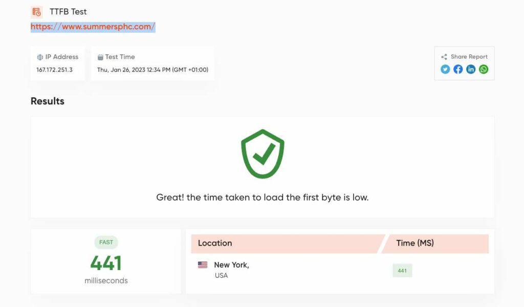 Hostgator でホストされている Web ページの TTFB テスト