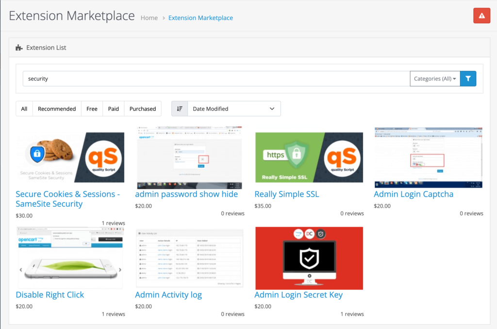 OpenCart Security 拡張機能のスクリーンショット