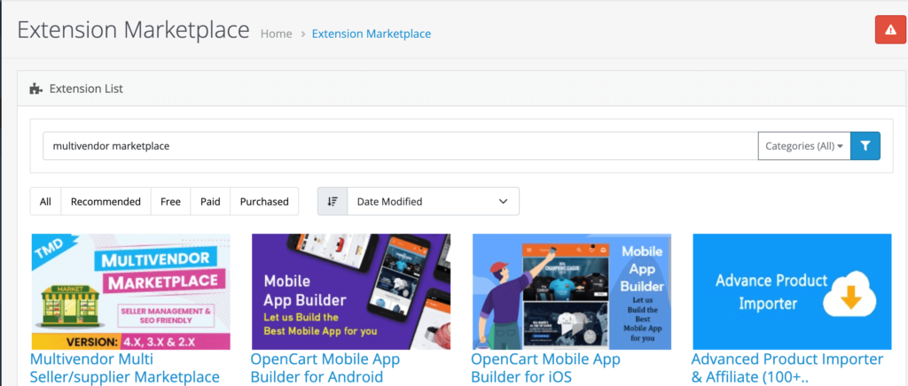 Opencart マーケットプレイスのスクリーンショット