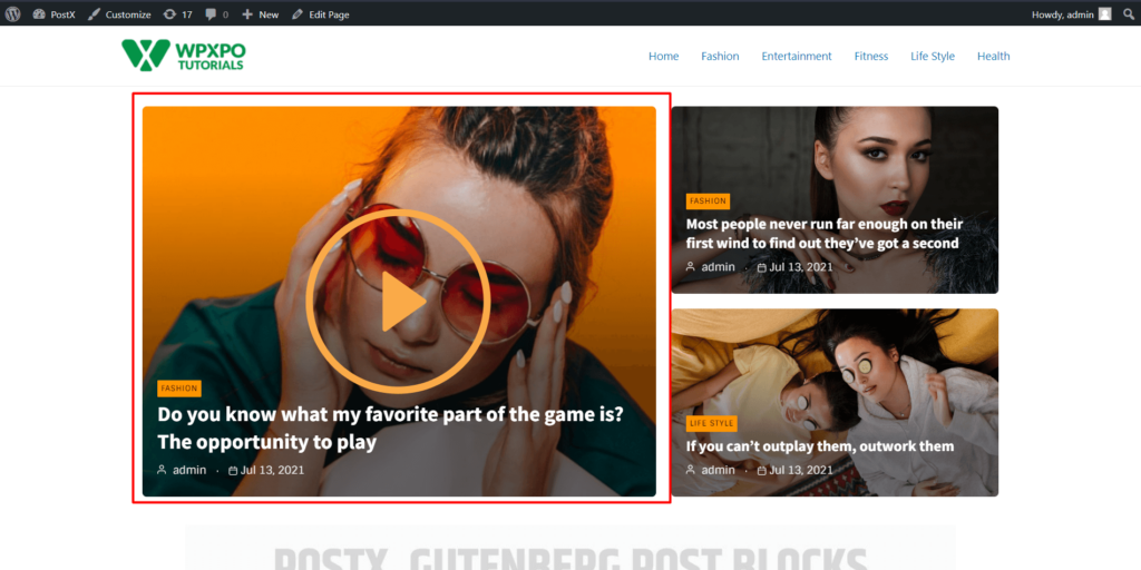 Cómo mostrar un video de WordPress como imagen destacada con PostX 17 Featured Video Modified Play Icon