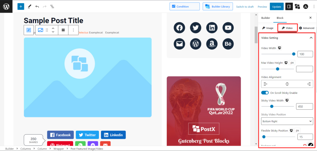 Cómo mostrar videos de WordPress como imagen destacada con PostX 9 Featured Video Settings for Singular Post
