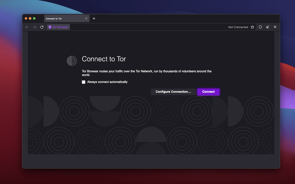 La página de conexión principal para el Navegador Tor sobre un fondo degradado rojo, azul y morado. El texto dice: "Conéctese a Tor. Tor Browser enruta su tráfico a través de Tor Network, administrado por miles de voluntarios en todo el mundo". También hay un botón Conectar morado, otro para configurar su conexión y una casilla de verificación para "Conectarse siempre automáticamente".