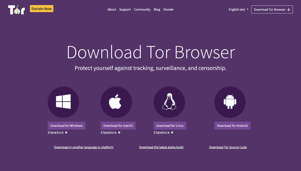 La página de descarga del Navegador Tor en púrpura, que muestra un encabezado que dice "Descargar el Navegador Tor" y diferentes enlaces para las versiones de Windows, macOS, Linux y Android del navegador. También hay un conjunto de enlaces de navegación y el logotipo de Tor, junto con un botón amarillo "Donar ahora".
