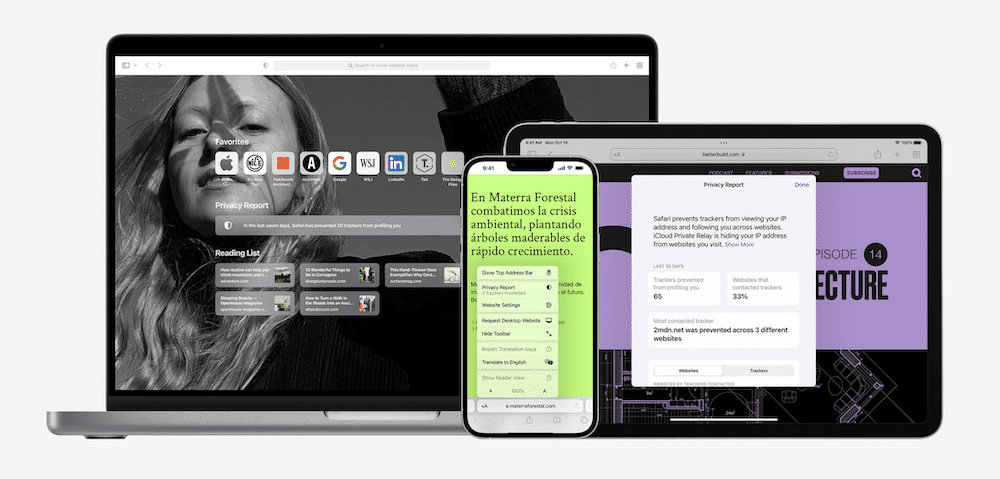 Tres dispositivos (MacBook, iPhone y iPad) que muestran varias instancias del navegador Safari, incluida una página de inicio para MacBook, un blog verde para iPhone y un informe de privacidad del navegador para iPad.