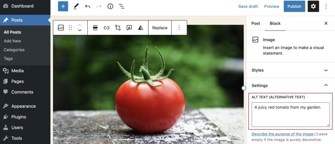 Adăugarea unui text alternativ la o imagine în editorul de blocuri WordPress Adding alt text to an image in the WordPress block editor