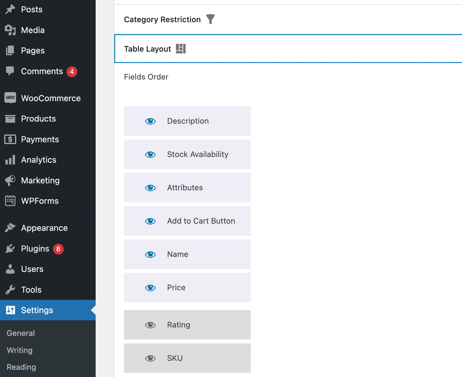 Cambiar el orden de la tabla de comparación de productos de WooCommerce