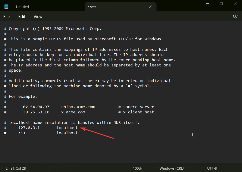 العثور على المضيف المحلي في ملف المضيفين - إصلاح dns_probe_finished_nxdomain