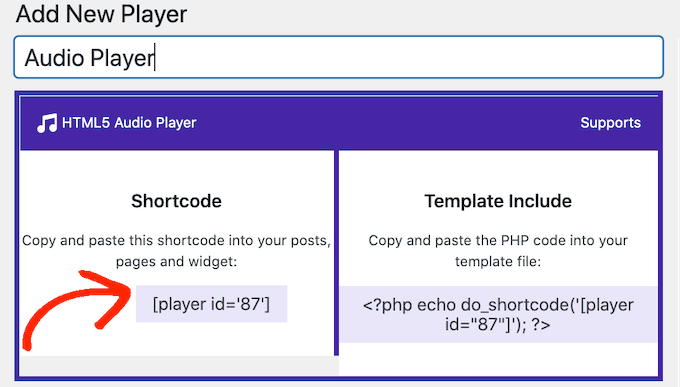 使用短代码放置音频播放器小部件 Placing an audio player widget using shortcode