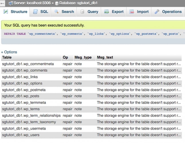 reparar tabla de base de datos mysql
