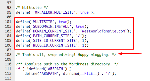 configuración multisitio en el archivo wp-config