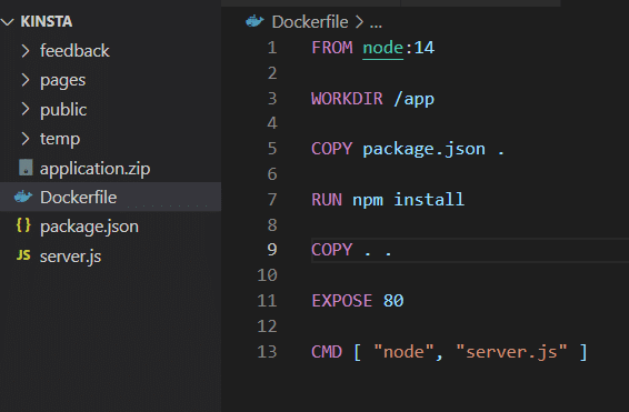 屏幕截圖:編輯 Dockerfile 以刪除 VOLUME 屬性。